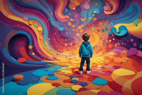 A child in a colorful imaginary world, ASD, autism spectrum disorder, child mental health awareness concept, generative AI