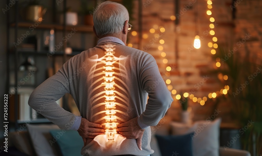 Highlighted spine of senior man with back pain at home. Photo with copy space. Back pain theme. Highlighted spine of senior man with back pain at home. Photo with copy space. Back pain theme.
