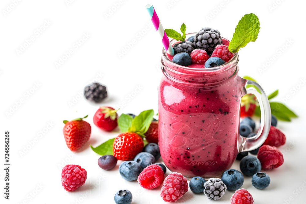 Glass jar of strawberry and blueberry smoothie isolated on white background Glass jar of strawberry and blueberry smoothie isolated on white background