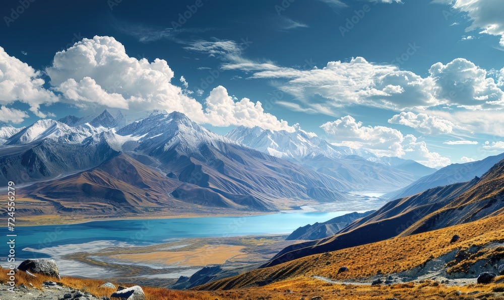 Panoramic view of the beautiful mountain landscape, blue sky and white clouds, amazing lake and snow-capped mountains.