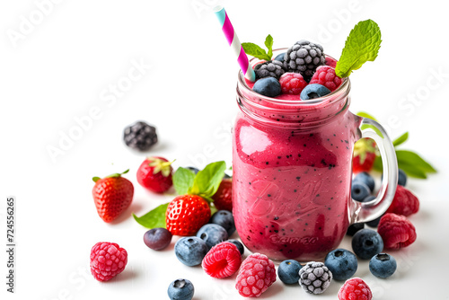 Glass jar of strawberry and blueberry smoothie isolated on white background