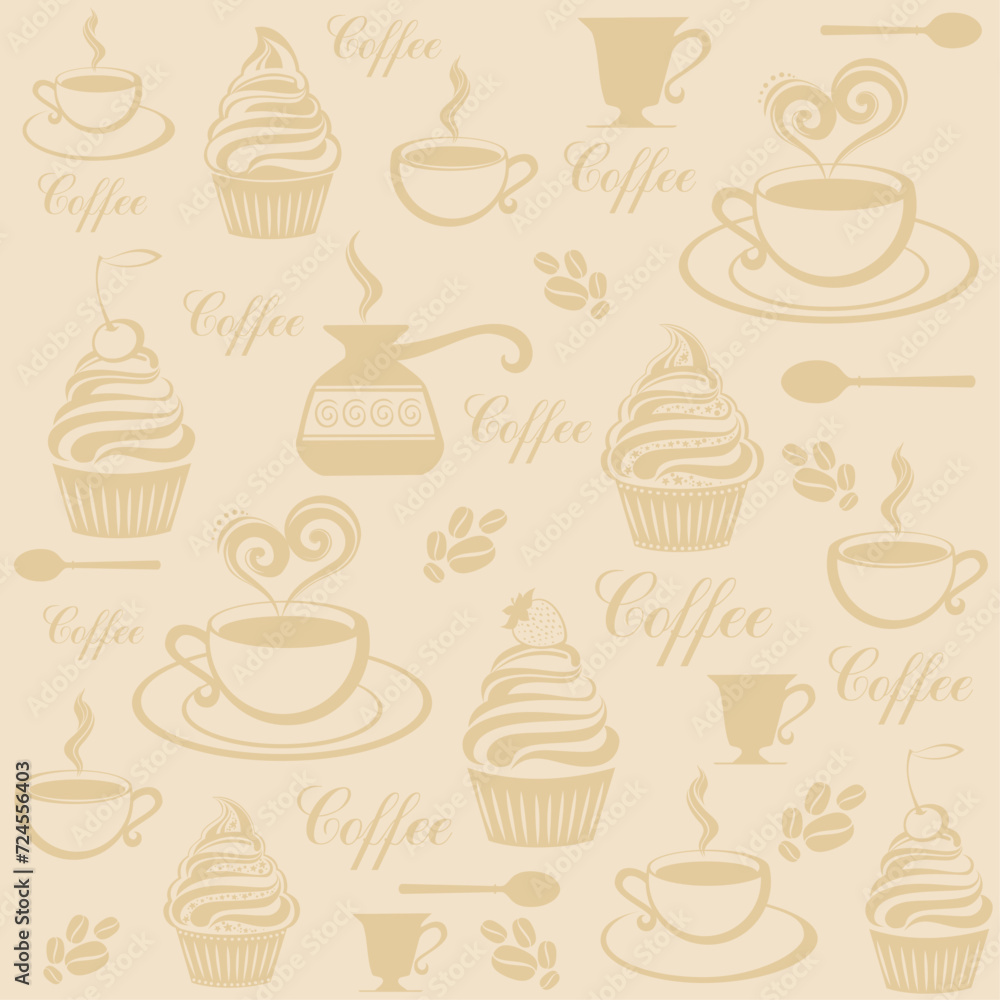 Coffee seamless pattern with lettering, coffee beans and cups. Restaurant menu. Good for textile fabric design, wrapping paper, website wallpapers, textile, wallpaper and apparel. Vector illustration