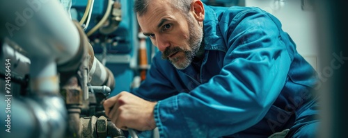 A skilled plumber wearing a blue suit fixing a leak in the bathroom of a rental property.