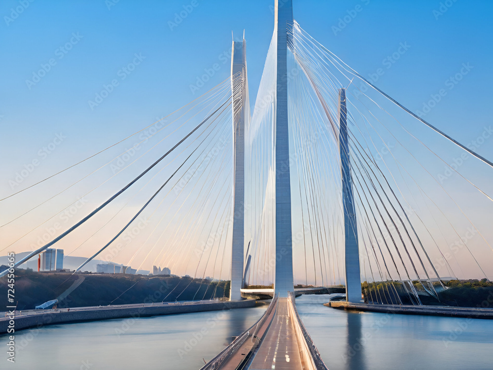 A cable-stayed bridge resembling a harp, with its cables stretching gracefully from the towers to the roadway.