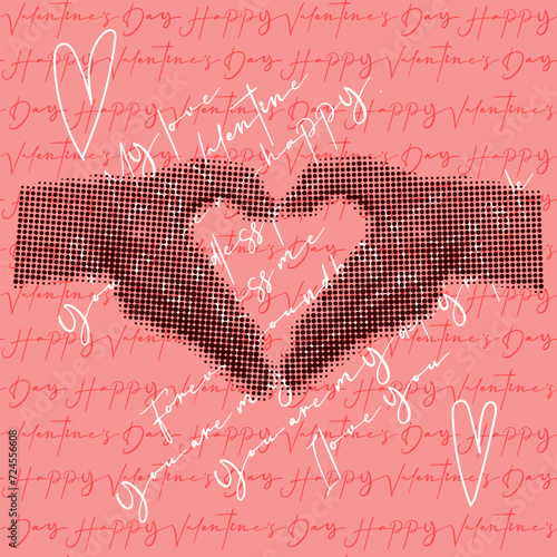 Hands folded in the heart of grunge pop art dots, Valentine's Day postcard. Pink background with inscriptions and hands in dots for a postcard to a loved one. A declaration of love and a heart