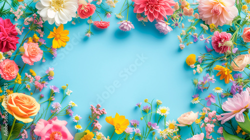 Frame of delicate colorful flowers on pastel background. Flat lay, space for text.