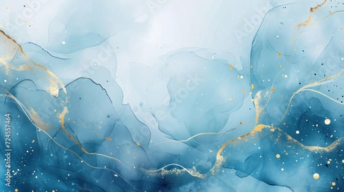 Abstract background with paint splashes and golden lines. Blue colored.