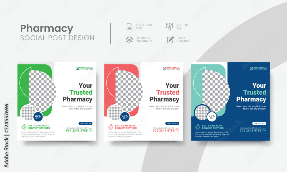 Pharmacy social media post design for medicine store banner ad. High-quality pharmacy shop social media post square layout template. Vol - 04 Pharmacy social media post design for medicine store banner ad. High-quality pharmacy shop social media post square layout template. Vol - 04