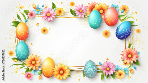 An Easter card featuring vibrant eggs and blooming flowers