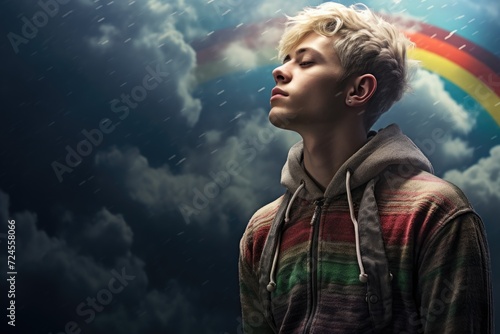 Illustration of young sad man with rainbow background