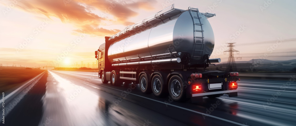 A fuel tanker speeds down a highway at sunset, showcasing the dynamic energy of the transport industry