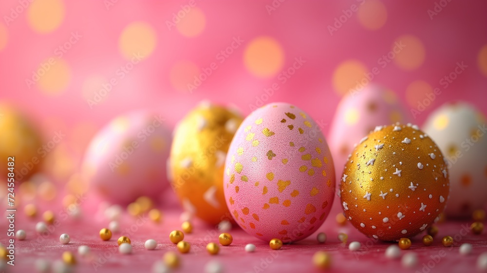 Golden and pink Easter eggs in motion float in the air against pink background