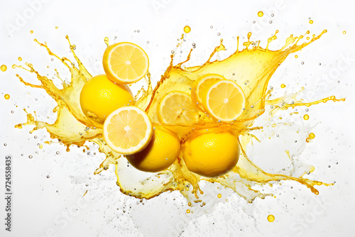 Lemon juice splash with fresh lemon fruits background