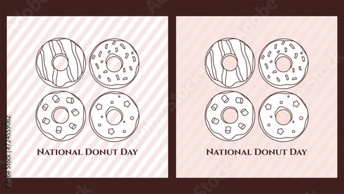 National donut day square greeting cards. Minimal monochrome backgrounds designs set. Vector illustration