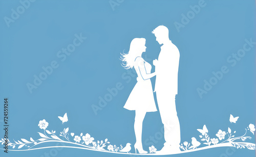 Couple silhouette. soft blue background with copy space. Generative AI