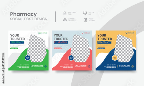 Pharmacy social media post design for medicine store banner ad. High-quality pharmacy shop social media post square layout template. Vol - 08