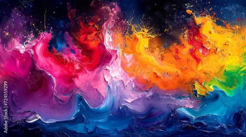 Abstract background of acrylic paint in blue, orange, yellow and red colors.