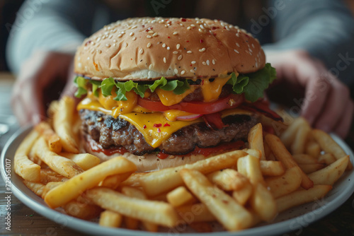 Juicy cheeseburger with fries on a plate held by hands