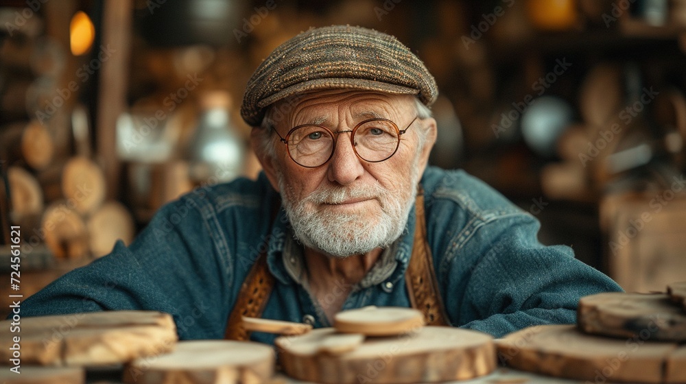 Old master carpenter working in his woodwork or workshop. Generative Ai. Old master carpenter working in his woodwork or workshop. Generative Ai.
