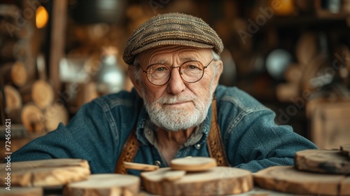 Old master carpenter working in his woodwork or workshop. Generative Ai. 