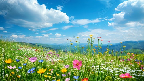 Beautiful spring landscape with colorful wildflowers in a green meadow on a blue day © AZ Studio