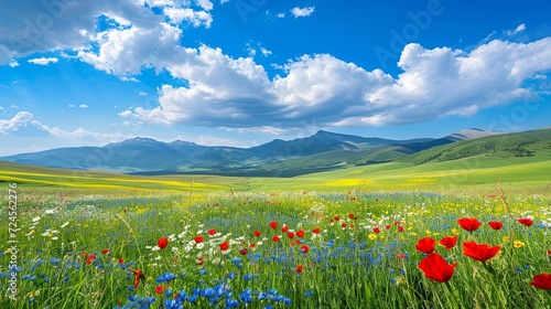 Beautiful spring landscape with colorful wildflowers in a green meadow on a blue day