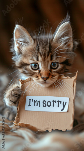 Apology in Eyes: An Adorable Kitten Holding an 'I'm Sorry' Sign