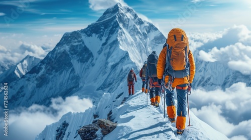 Group of climbers reaching the summit. Team work concept. Generative Ai. 