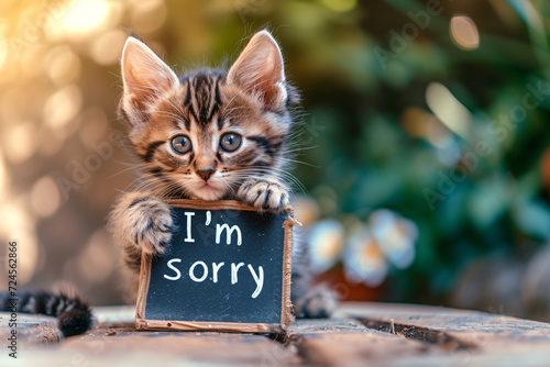 Apology in Eyes: An Adorable Kitten Holding an 'I'm Sorry' Sign photo