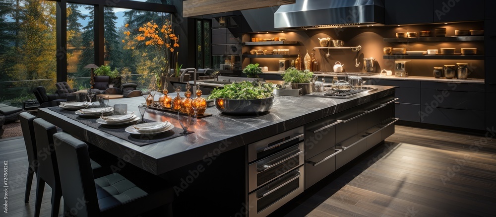 Dark Modern Kitchen in a Luxury home with stainless steel Appliances
