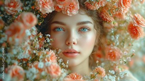 Close up portrait of beautiful young woman with natural make-up and flowers. Generative Ai. 