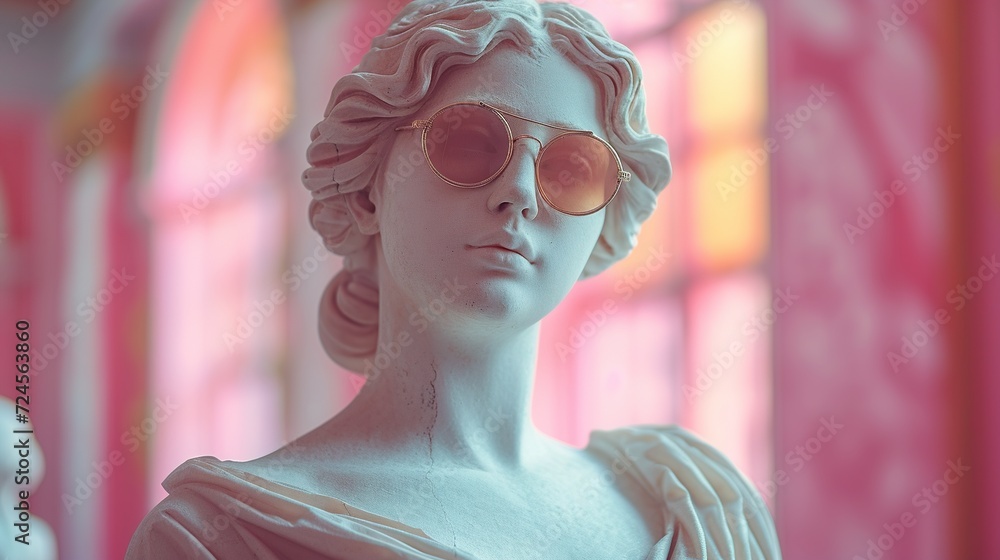 Sculpture of a woman's face with pink glasses. Generative Ai. 