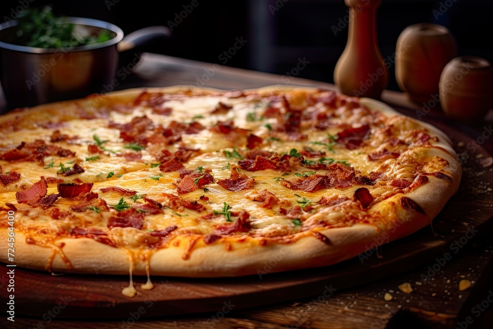Delicious carbonara pizza with bacon on a wooden table Delicious carbonara pizza with bacon on a wooden table