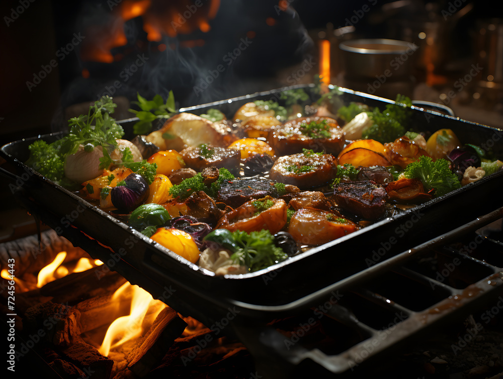 A pan of food is cooking over a fire pit A pan of food is cooking over a fire pit