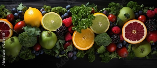 Eat healthy. Detox diet. Multicolored fruits and vegetables, top view