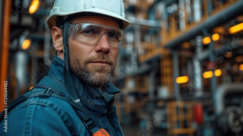 Portrait of refinery worker standing inside power plant. Generative Ai. 