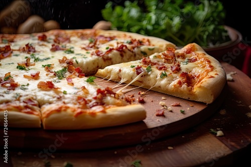 Delicious carbonara pizza with bacon on a wooden table