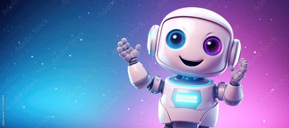 Smiling cute little robot with big eyes welcomes at pastel gradient background. Smiling cute little robot with big eyes welcomes at pastel gradient background.