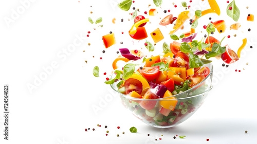 Vegetable salad in levitation. Flying pieces of salad over a glass bowl isolated on white 