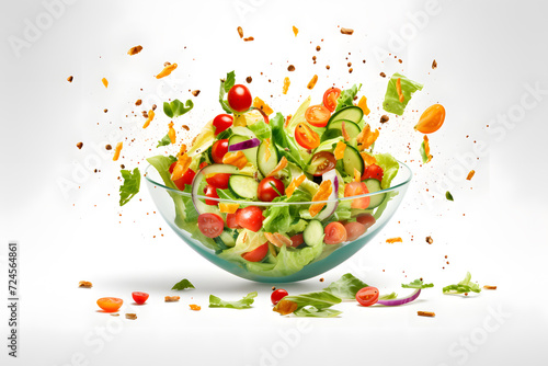 Vegetable salad in levitation. Flying pieces of salad over a glass bowl isolated on white 