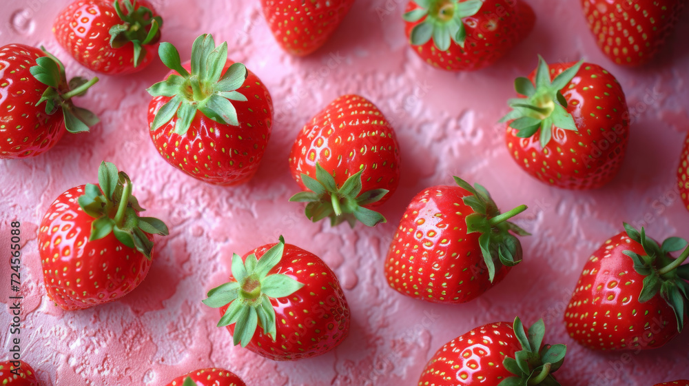 Juicy Red Strawberries Scattered Artistically on Pink Background Juicy Red Strawberries Scattered Artistically on Pink Background