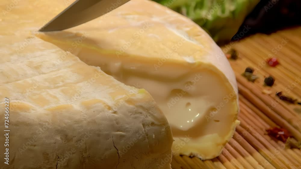 Head of Brebis sheep cheese from whole milk cut with knife close-up Head of Brebis sheep cheese from whole milk cut with knife close-up