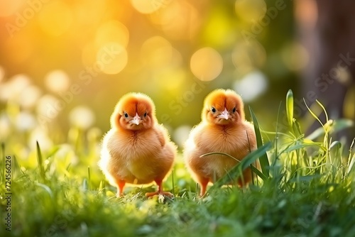 Playful little chicks surrounded by lush green grass, perfect for adding text or copy space © chelmicky