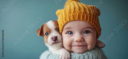 baby_holding_puppy_over_blue_background