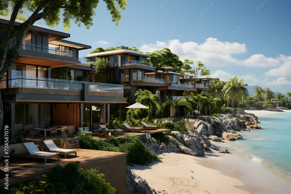 3d rendering of modern cozy house with pool and parking for sale or rent. Luxury home on the beach with sea view and blue sky background.