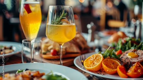 "Expérience culinaire plaisante : Verre de vin blanc avec orange et herbes fraîches"
