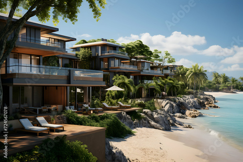 3d rendering of modern cozy house with pool and parking for sale or rent. Luxury home on the beach with sea view and blue sky background.