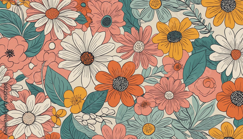 Trendy floral print illustration. Set of vintage 70s style flowers on isolated background. Colorful pastel color groovy artwork collection, nature poster with spring plants.