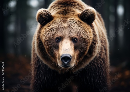 A fierce grizzly bear stares into the camera, its snout covered in thick brown fur, exuding a powerful and wild presence in the great outdoors photo