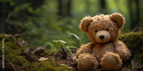 A teddy bear sits in the grass, A teddy bear with a cape and cape sits in a field of flowers, A teddy bear sits in a forest with a green background.  © Fatima